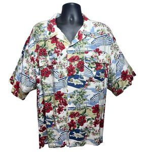 Roundtree Yorke Mens Hawaiian Shirt Size 2X Tropical‎ Island Palm Aloha Cruise